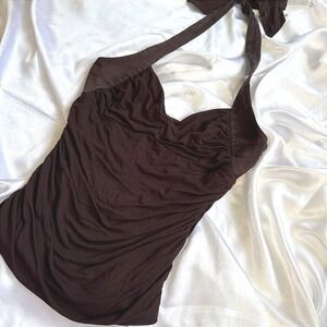 Bebe Vintage Brown Ruched Halter Top Sweetheart Neck Y2K Tie Neck Small